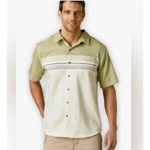Prana Camino Camp Shirt Mens Size XL Green Striped Cotton Casual Button Down